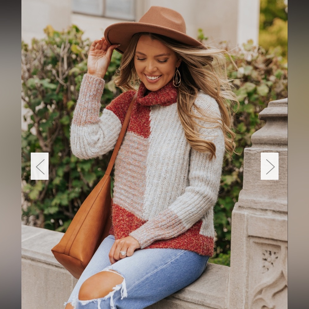 NWT: MYSTREE OATMEAL & RED COLORBLOCK KNIT TURTLENECK SWEATER, SIZE LARGE